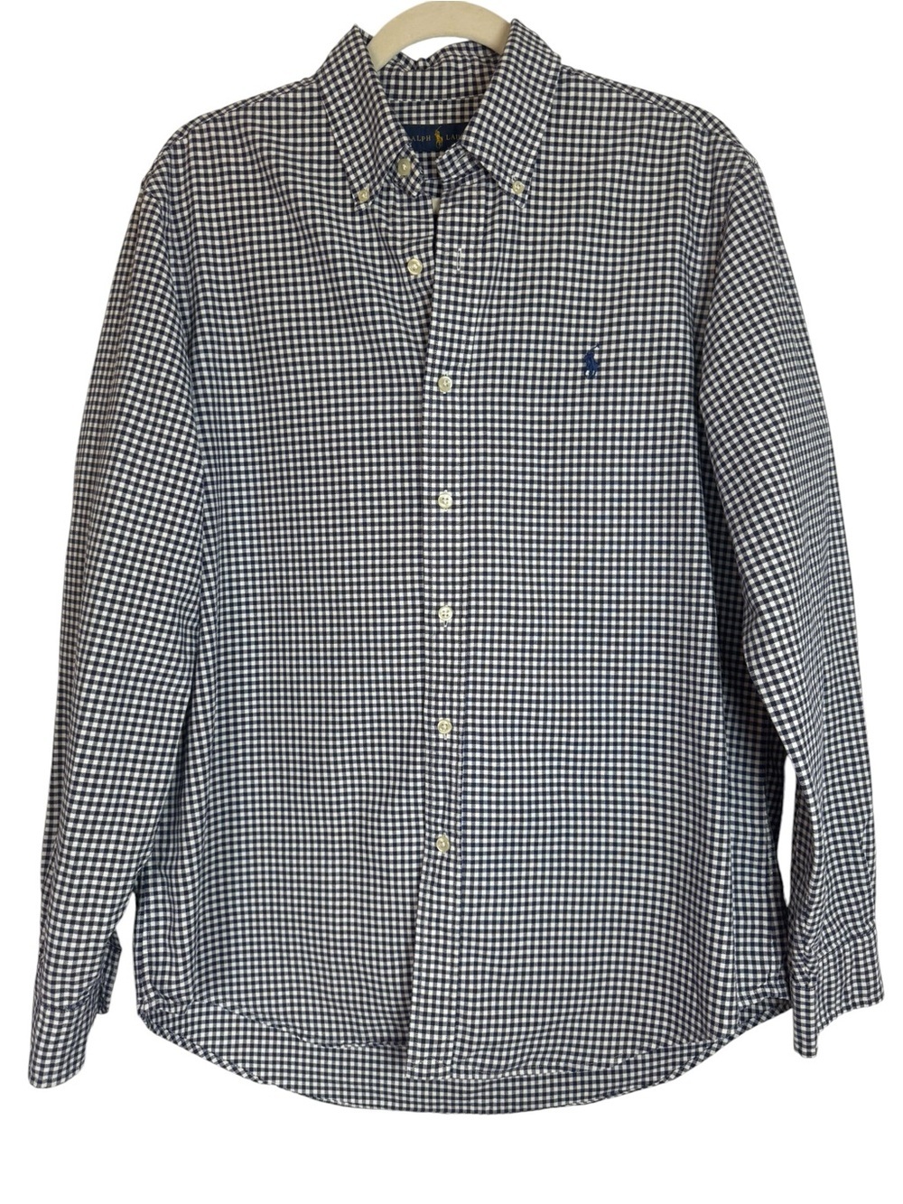 Ralph Lauren Men's Navy and White Gingham Check Button-Down Large Shirt
